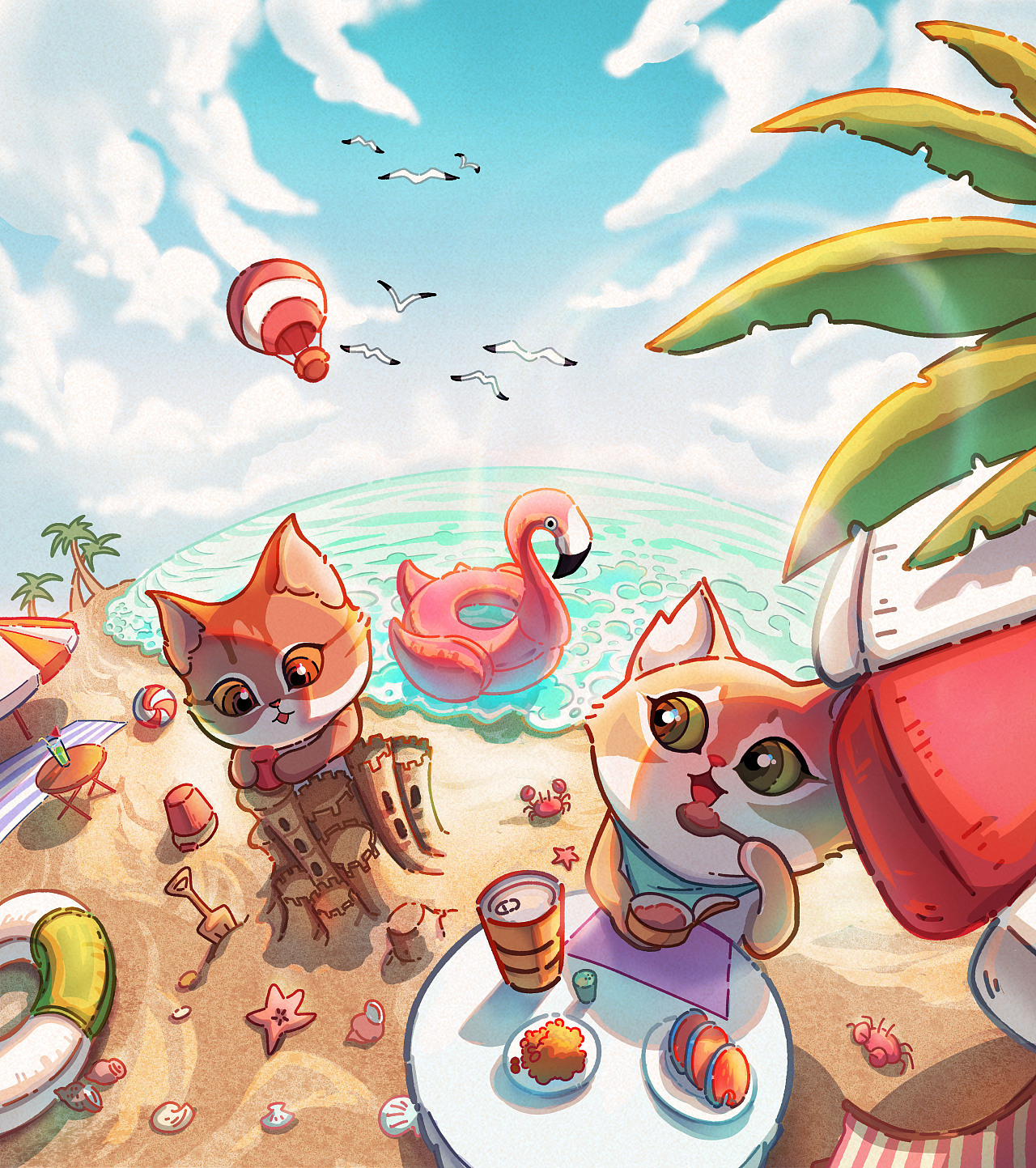 猫插画，海边的猫