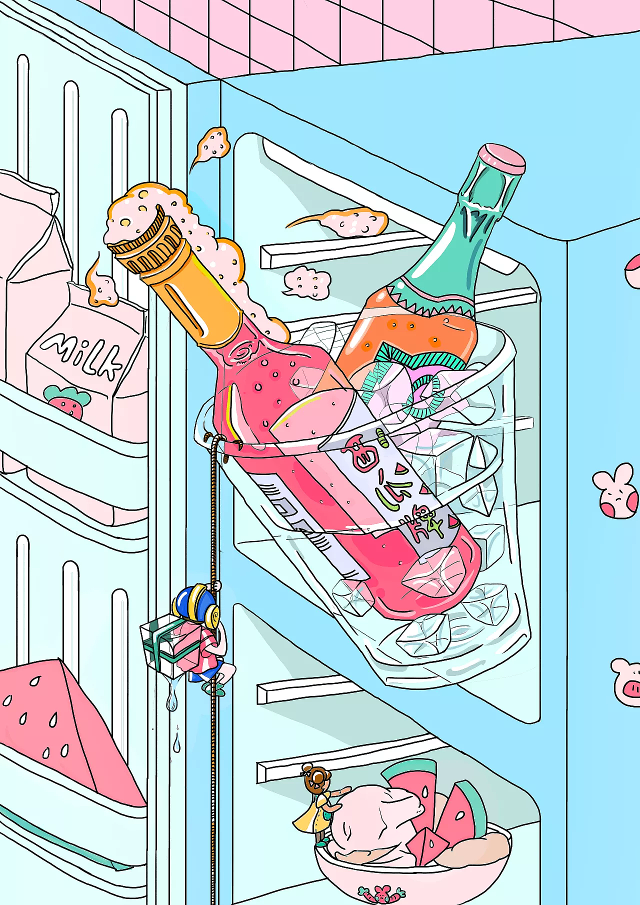 夏季插画，冰箱里的冰镇啤酒和西瓜