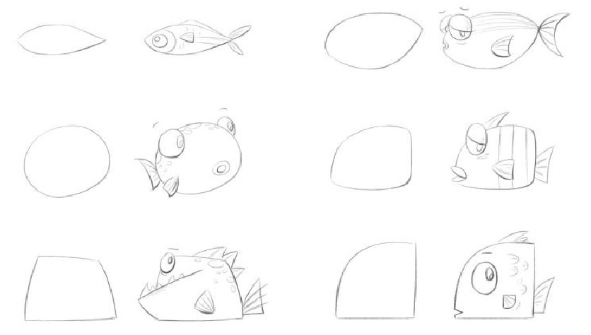 鱼类、章鱼和鲸鱼的海洋插图、绘图和线条画。